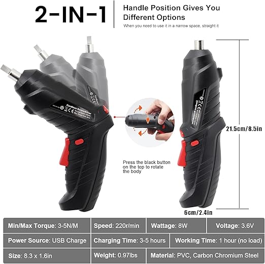 Cordless Electric Screwdriver Kit – 47 Piece Set, LED Light & Dual Position Handle Cordless Electric Screwdriver Kit – 47 Piece Set, LED Light & Dual Position Handle